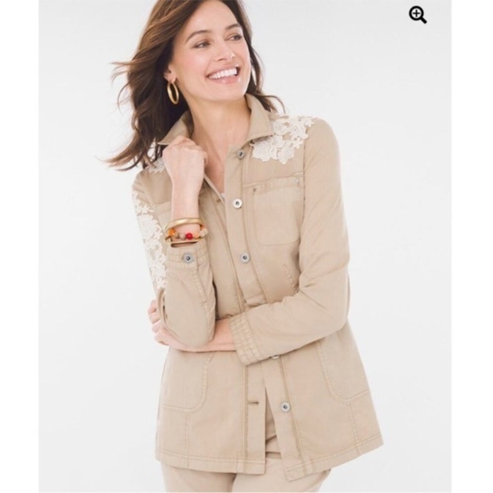Chico’s Sand Tan White Floral Lace Appliqué Utility Jacket Large